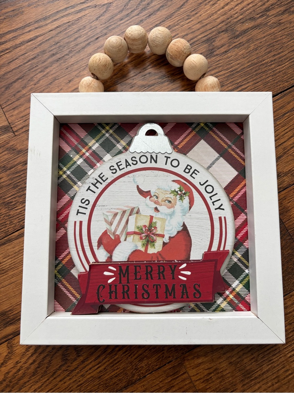 Handmade Christmas Hanging Sign Holiday Decor Wood Bead Santa Ornament